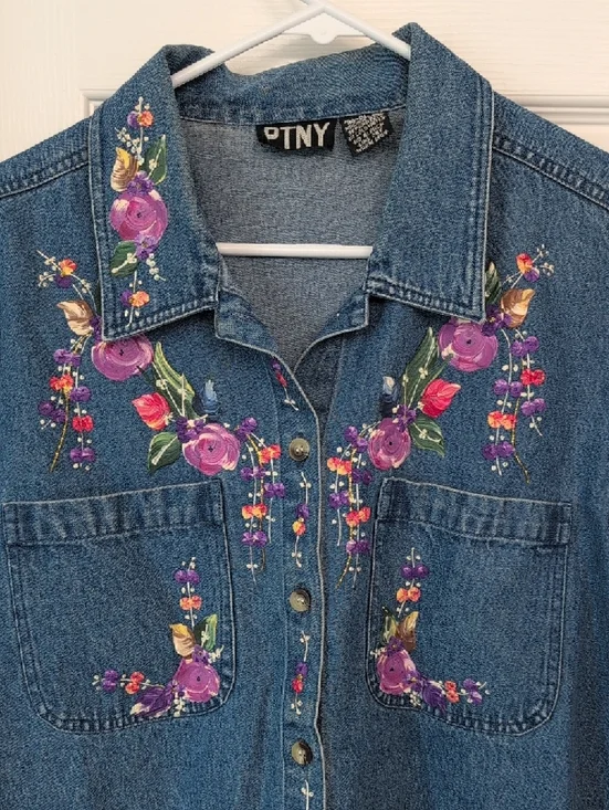 Painted Floral Blue Denim Jacket by Ptny - Picture 3 of 10